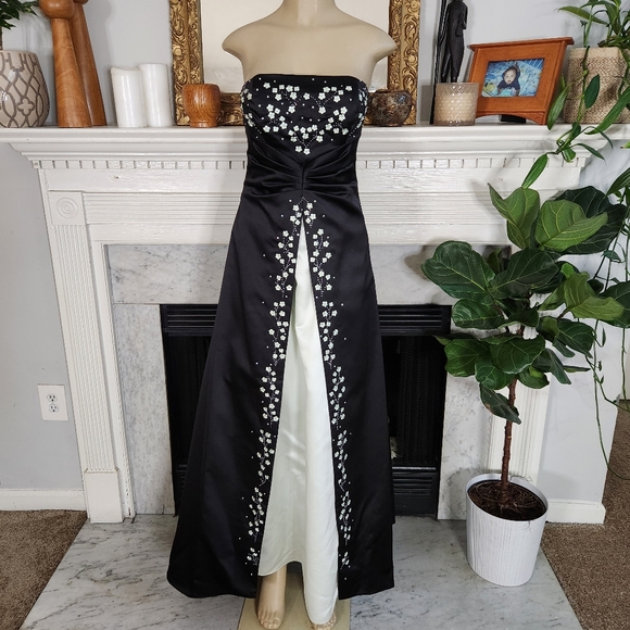 Vtg 80s Zum Zum Black Prom Dress Pistachio Sequin Beaded Floral Strapless Sz 3